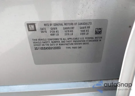 2016 Chevrolet Impala 1Lt из США, поврежденный, VIN 2G1105SA5G9120053